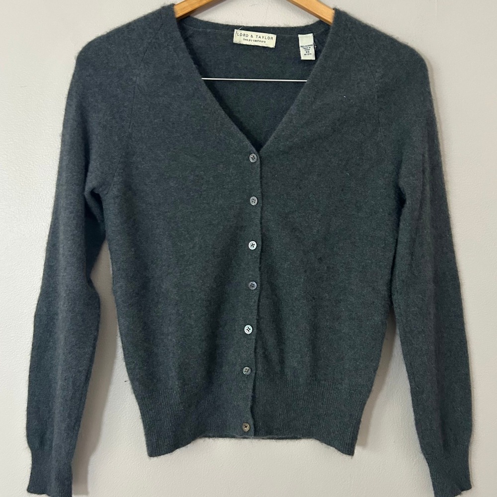 Lord & Taylor Cardigan Sweater Women XS Gray Two Ply 100% Cashmere Button Front